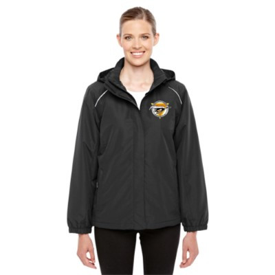 Smiling woman in logo jacket