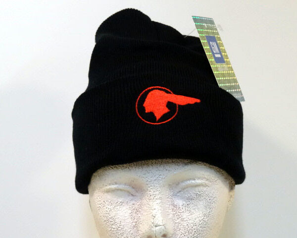 Mannequin wearing black embroidered beanie