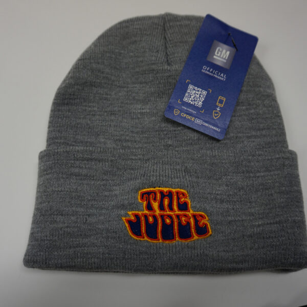 Gray knit hat with tag attached