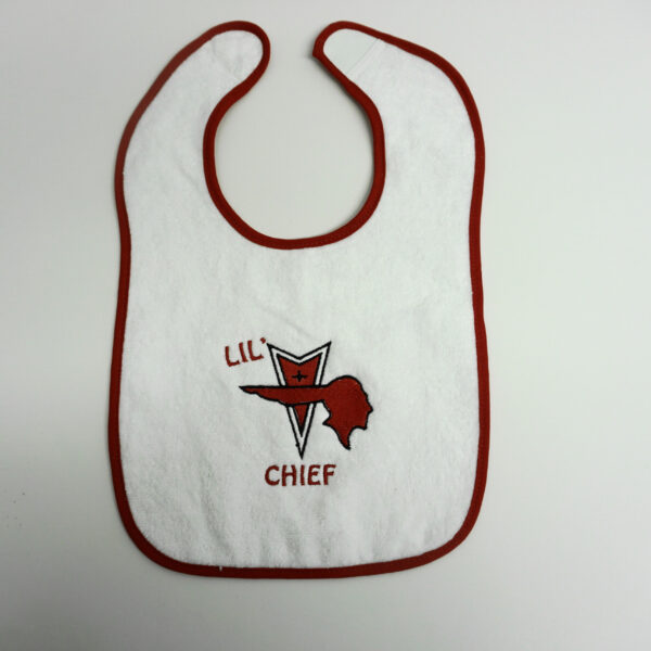 Infant bib featuring red and white embroidery