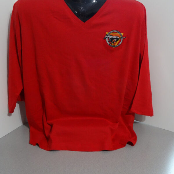 Red V-neck shirt with embroidered logo