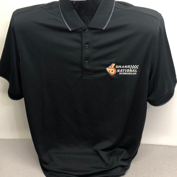 Black collared shirt featuring racing logo