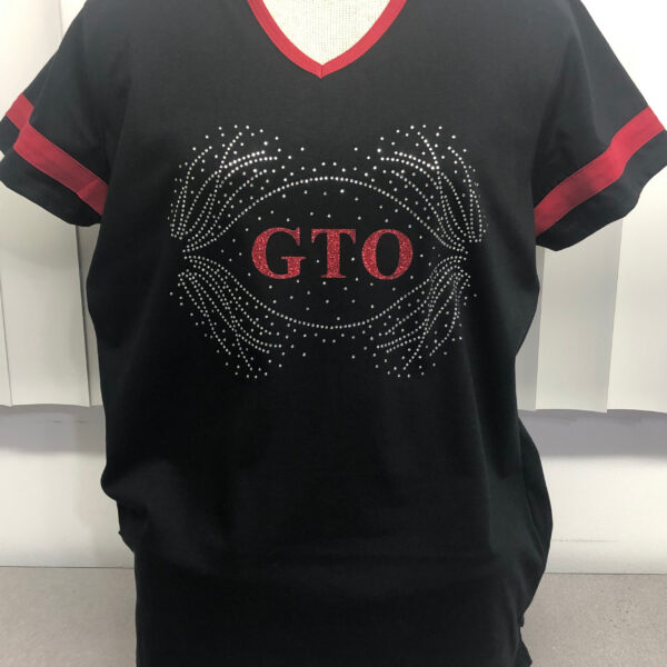 GTO rhinestone design on black shirt