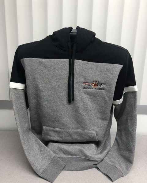 Two-tone hoodie on display with logo