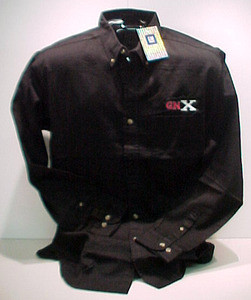 Black button-up shirt with logo