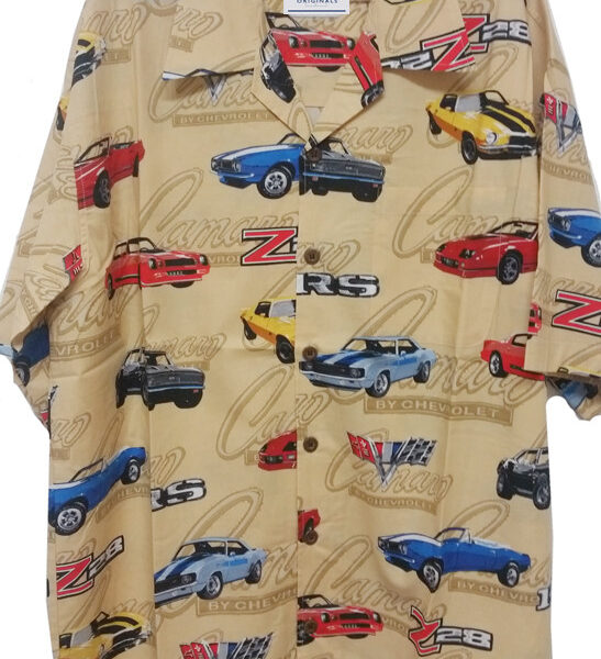 Beige shirt featuring vibrant cars