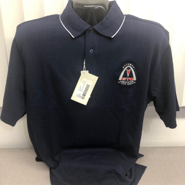 Navy blue polo shirt with tag