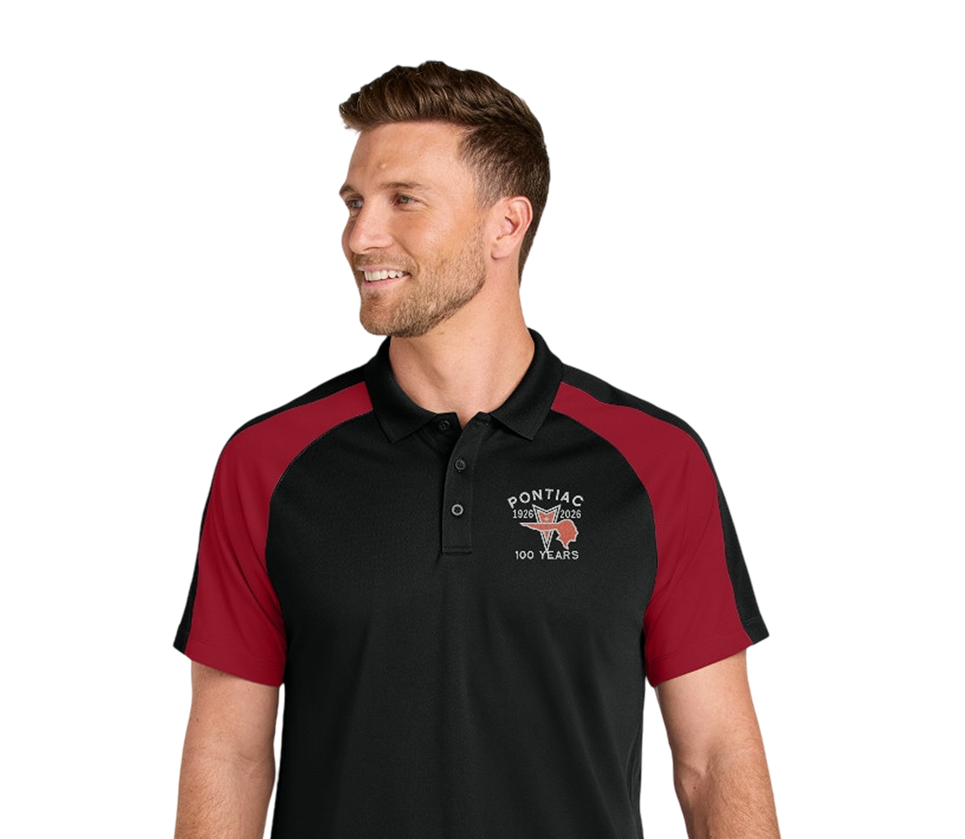 Smiling man in black and red shirt